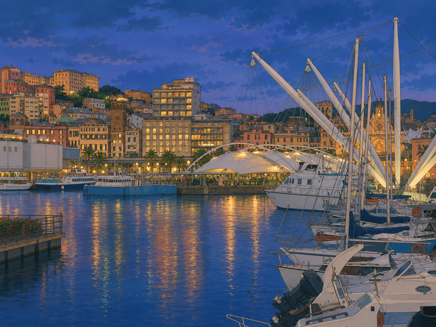 Genoa's Porto Antico harbor at dusk